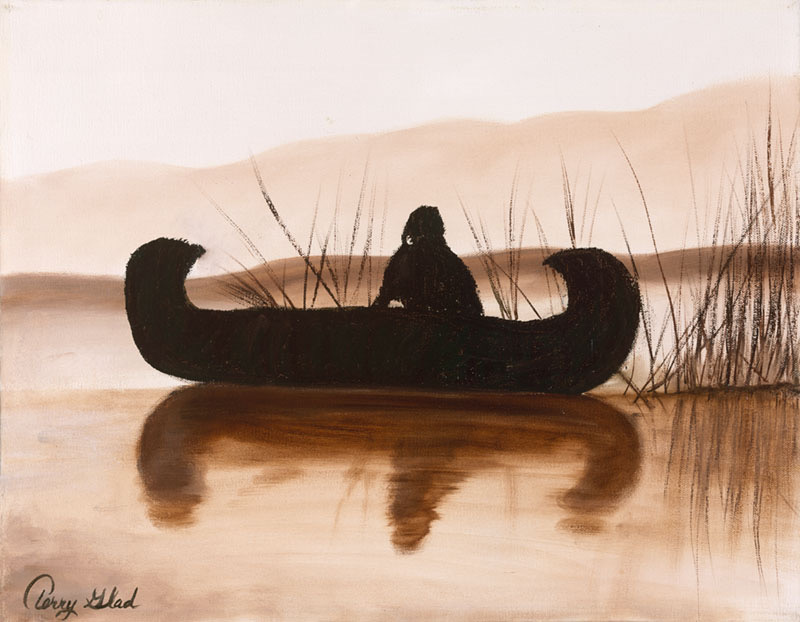 Painting of Native American floating in canoe in reeds brown canoe and light ground background