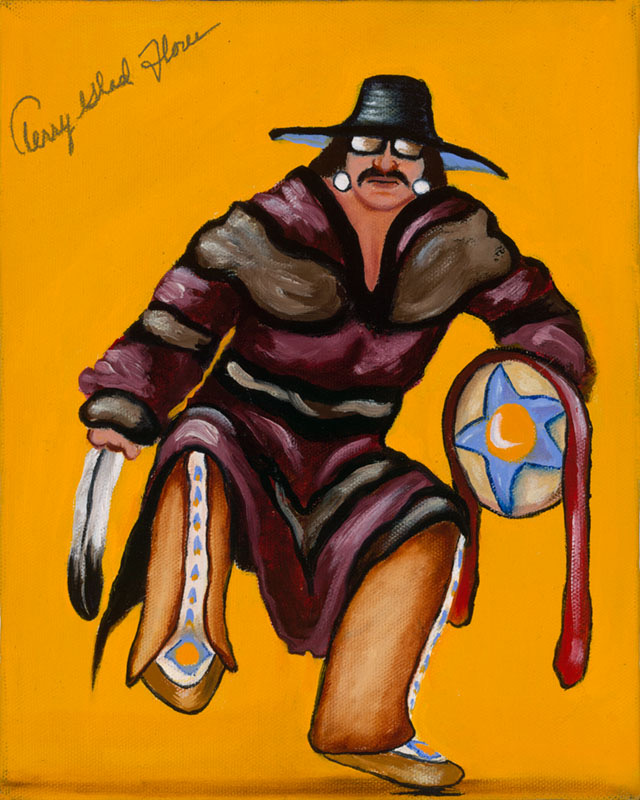 Painting of California native stomp dance in costume
