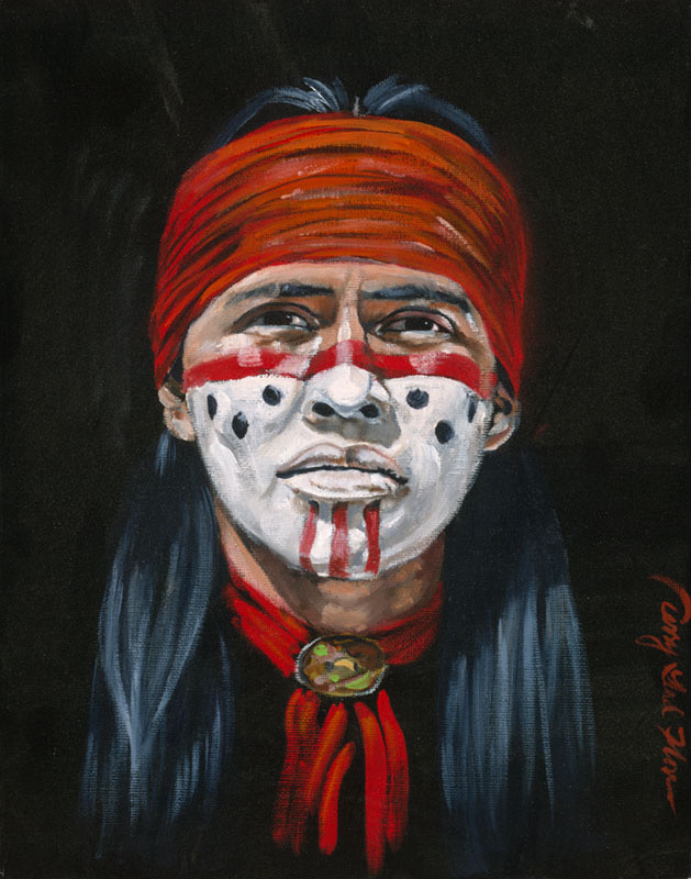 Painting of Jeff Yazzie face in red and white war paint by Terry Glad Flores