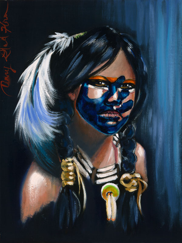 Terry Glad Flores Painting of young native girl with blue war paint white feather and blue background