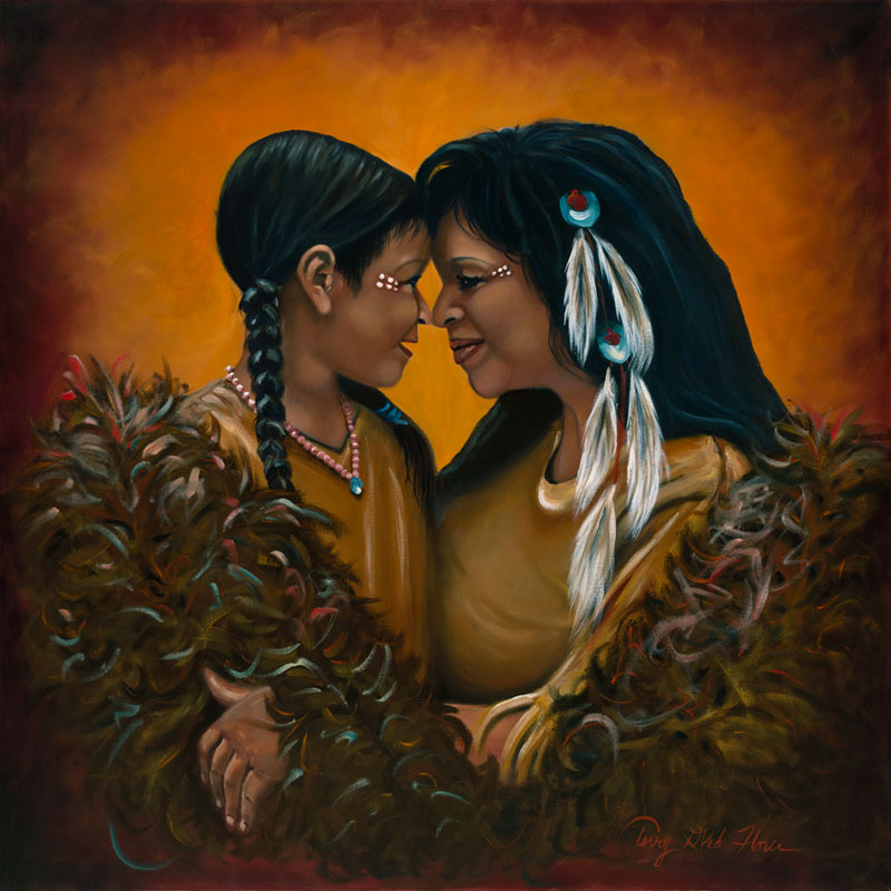 Native mother and daughter painting by Terry Glad Flores  with orange background and feathers in hair