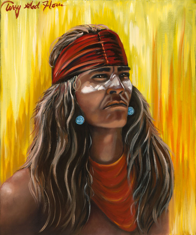 Painting of Sam Bearpaw with turquoise earrings white war paint red shirt yellow background