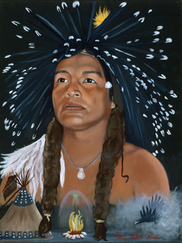 Painting of Steve Reevis in long braids and stars floating g around a navy background