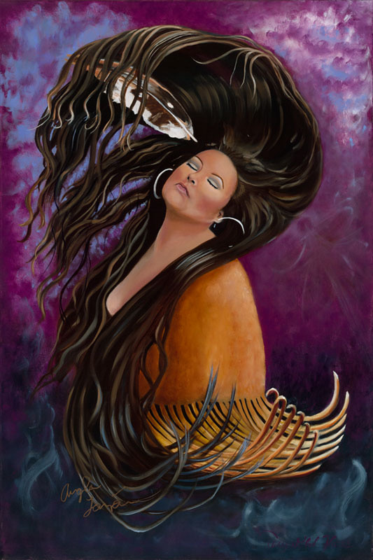 Painting of Angela Lazon with long flowing hair and purple background