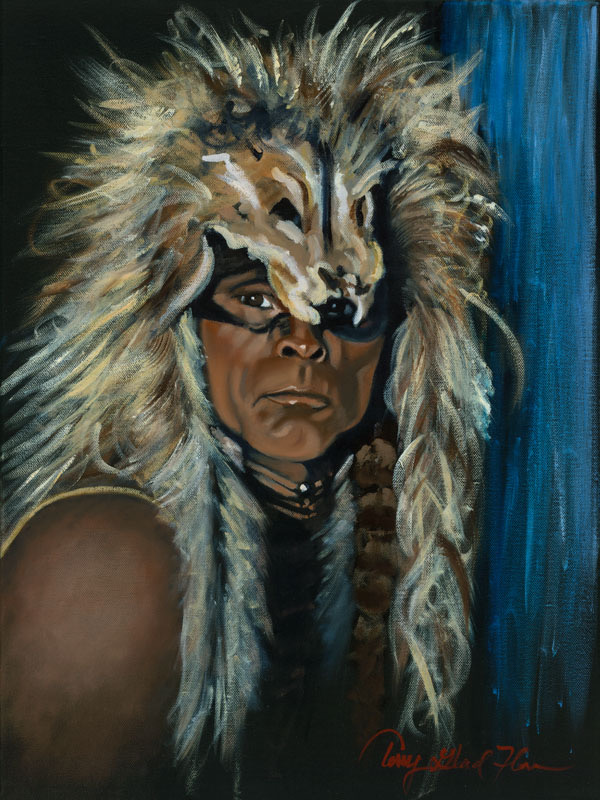 Painting by Terry Glad Flores of Zahn McClarnon in a coyote headdress